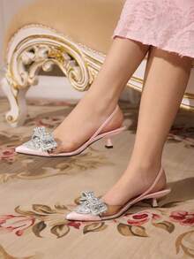 CUCCOO TILAWA Giày cao gót hở lưng tối giản đính đá trang trí nơ cho nữ - Hồng - Xem 4