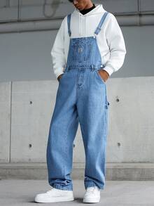 Manfinity Hypemode Men's Casual Multi-Pocket Chest Protector Denim Bib Overalls, Streetwear Style - Light Wash - View 4