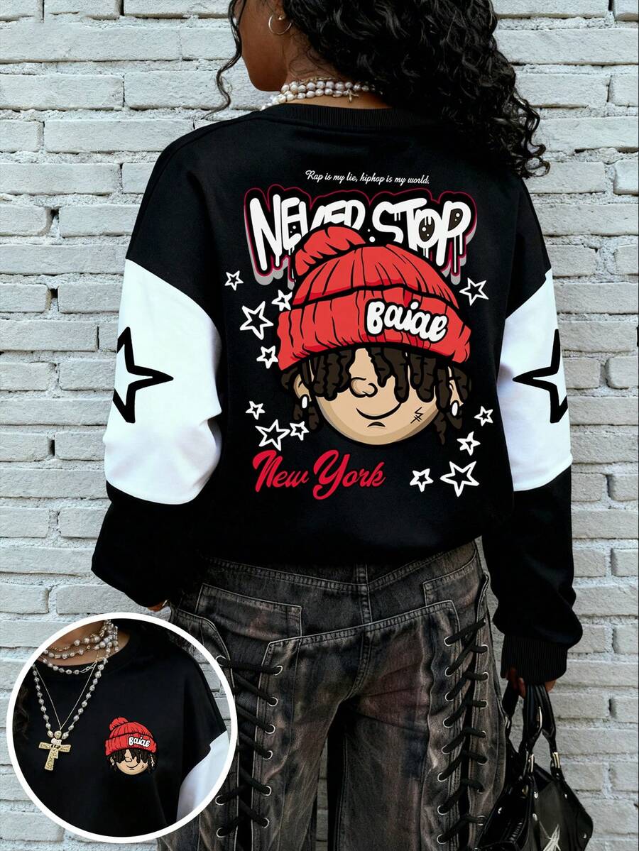 Rovax Phong cách bán chạy, Áo nỉ cổ tròn in họa tiết hoạt hình phong cách hip-hop đường phố sành điệu dành cho nữ, Thích hợp mặc khi mua sắm hàng ngày và mặc khi đến cửa hàng thời trang để check-in và hẹn hò, Phong cách thu đông thời trang và bắt mắt - Nhiều màu - Xem 1