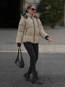 EURMUSE Hooded Zipper Detailed Contrast Rib Cuff Quilted Women's Casual Puffer Down Jacket - Mocha Brown - View 3