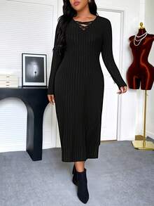 EMERY ROSE Plus Size Ribbed Knit Elegant Cocktail Party Evening Casual Criss-Cross Long Sleeve Fitted Sexy Mature Dress - Black - View 7