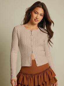 WESTFADE Mix Stitch Cable & Rib Knit Crew-Neck Button Front Cardigan Fall Autumn For Women Country Concert - Apricot - View 2