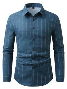 Manfinity Mode Plus Size Men's Plaid Long Sleeve Single-Breasted Casual/Business Shirt - Navy Blue - View 3