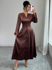 SHEIN Elenzya Váy sơ mi xếp ly satin màu nâu thanh lịch thu/đông - màu nâu - Xem 6