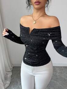 Elenzga Camiseta de manga larga con hombros descubiertos, cintura ajustada y decoración de rhinestones, elegante y minimalista, adecuada para citas en otoño/invierno - Negro - Ver 3