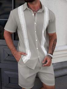 Manfinity CasualCool 男士休闲短袖衬衫，适合日常通勤，蕾丝网眼衬衫 - 灰色 - 查看 3