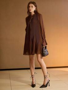 S.W.Smiley x MOTF PREMIUM PLEATED LONG SLEEVE A-LINE MINI DRESS - Coffee - View 4