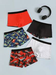 Set de 5 calzoncillos tipo bóxer con estampado de dinosaurios de dibujos animados para niños pequeños, cómodos - Multicolor - Ver 2