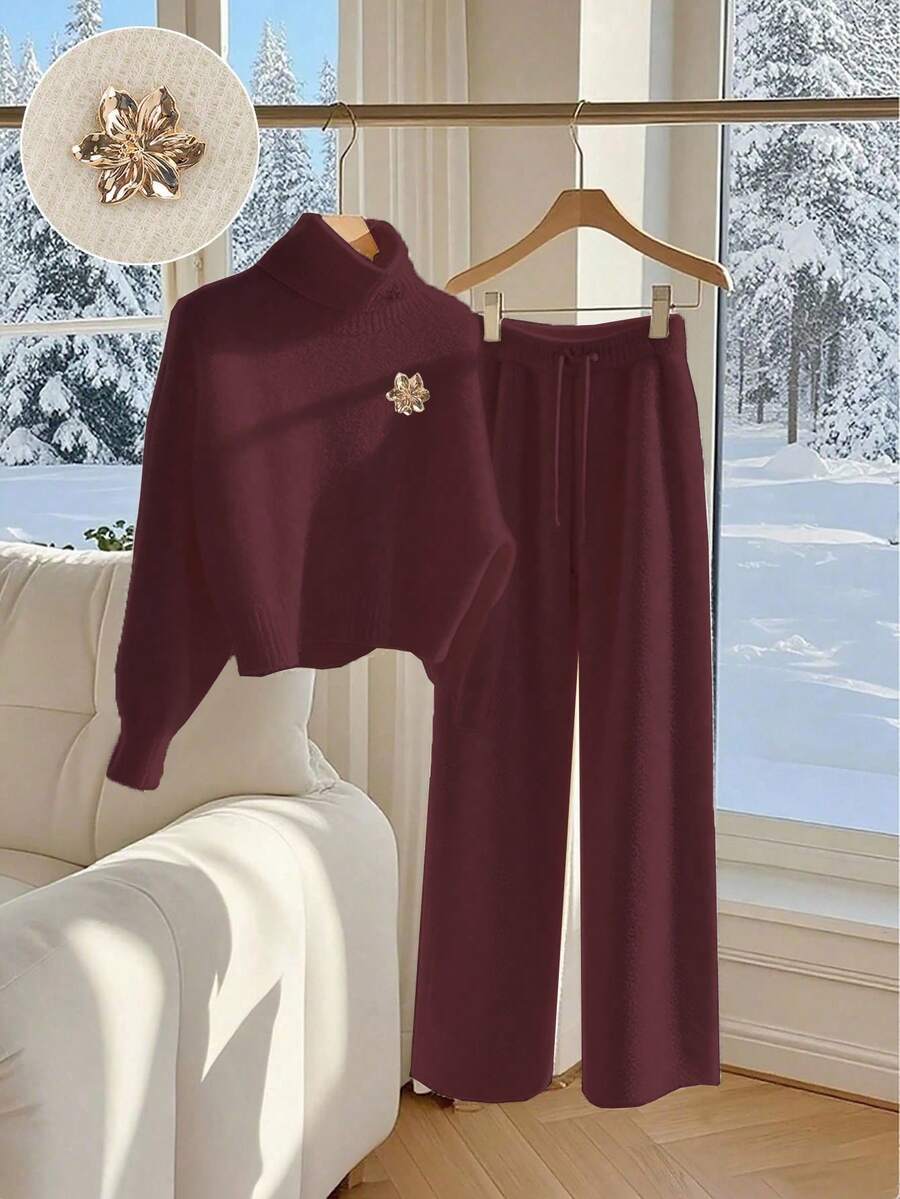 SHEIN Franclia Bộ 2 món áo len dệt kim dáng rộng cổ lọ tay loe trang trí kim loại thanh lịch và quần ống rộng, phong cách Âu Mỹ - Màu Tím - Xem 1