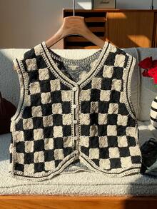Comfortcana Chaleco de punto con botones y bajo asimétrico con estampado de cuadros para otoño/invierno - Blanco y Negro - Ver 1