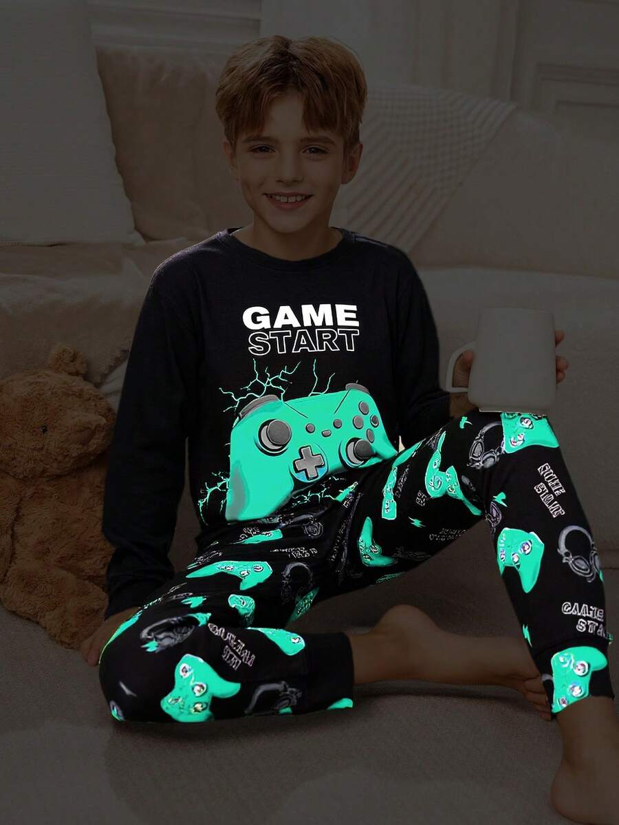 SHEIN 2pcs Tween Boy Glow Game Console Graphic Crew Neck Long Sleeve Top And Pants Comfortable Loungewear Set - Green - View 1