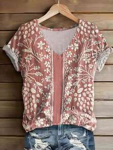 Áo thun cổ chữ V in họa tiết hoa nghệ thuật cổ điển dành cho nữ, phong cách Bohemian, mềm mại và thoải mái, áo thun tay ngắn thường ngày, thích hợp mặc hàng ngày, mọi mùa - Nhiều màu - Xem 1