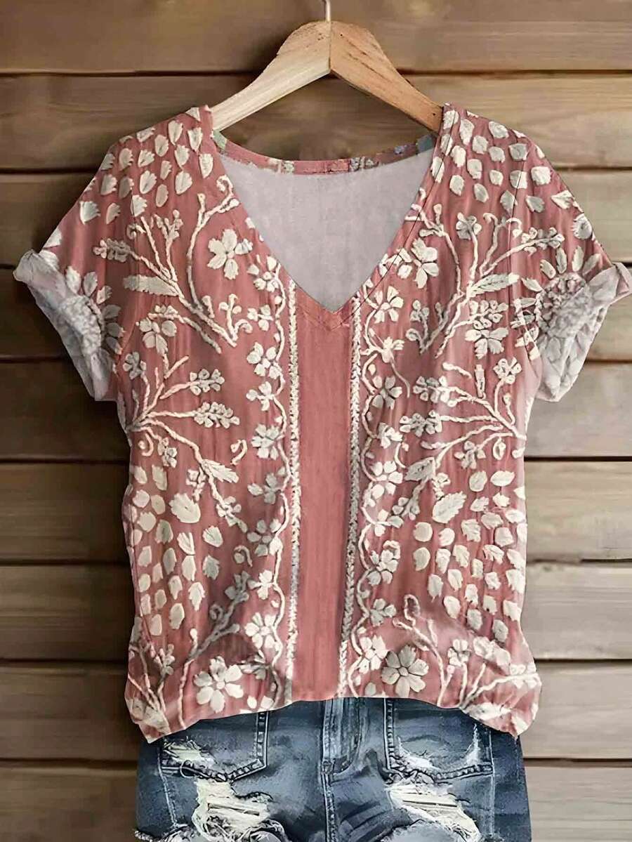 Áo thun cổ chữ V in họa tiết hoa nghệ thuật cổ điển dành cho nữ, phong cách Bohemian, mềm mại và thoải mái, áo thun tay ngắn thường ngày, thích hợp mặc hàng ngày, mọi mùa - Nhiều màu - Xem 1
