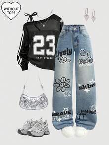 SHEIN Girlism Teen Girl Y2K Floral Graffiti Pattern Blue Denim Wide Leg Pants,Fall Clothes,Winter Clothing ,Casual And Fashionable Vacation Outfits,Streetwear,2000s Style  ,Christmas Clothing,Winter Denim Pants,Printed Jeans - Light Wash - View 4