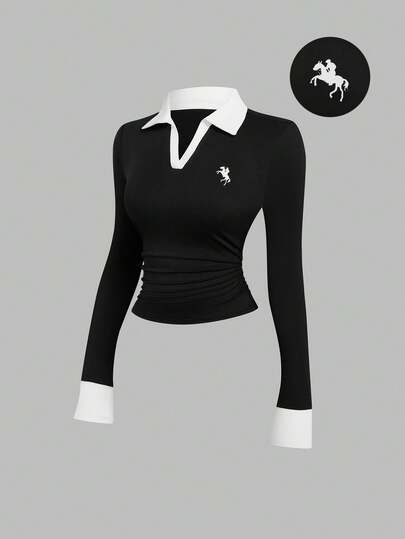 Sweetra 时尚休闲修身翻领长袖T恤，春秋季百搭单品