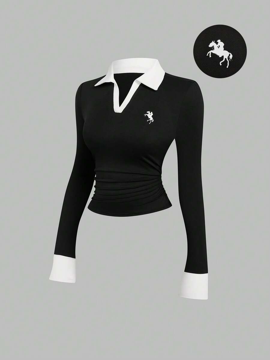 Sweetra Fashionable Casual Slim Fit Turndown Collar Long Sleeve T-Shirt, Versatile For Spring & Autumn - Black - View 1