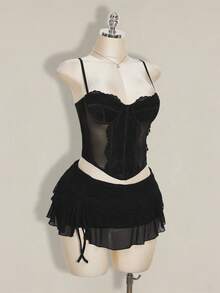 SHEIN ICON 女士黑色蕾丝拼接紧身纯色不对称下摆吊带背心 - 黑色 - 查看 4