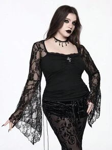 ROMWE EDITION Christmas Gothic Cross Lace Patchwork Square Neck Flare Sleeve Women Top - Black - View 2