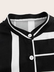 EMERY ROSE 女士夏季休閒立領條紋拼色蝙蝠袖襯衫