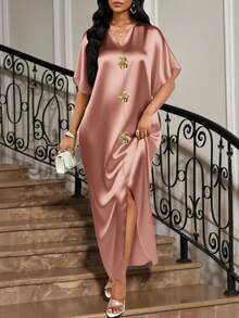 SHEIN Lady 四季皆宜的节日礼服/婚礼宾客/礼服/舞会礼服/金色/晚宴礼服/金色女士缎面提花前开衩连衣裙，休闲派对优雅 - 藕粉色 - 查看 4