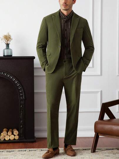 Core Aspect Men's Formal Single-Breasted Notch Lapel Suit Set Suit For Man Olive Green Men Suit,Men's One-Button Suit Two-Piece Set, Green Suit Set, Business Casual Formal