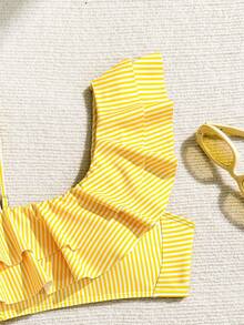 Teen Girl Striped Ruffle Trim Casual Summer Bikini Set - Yellow - View 5