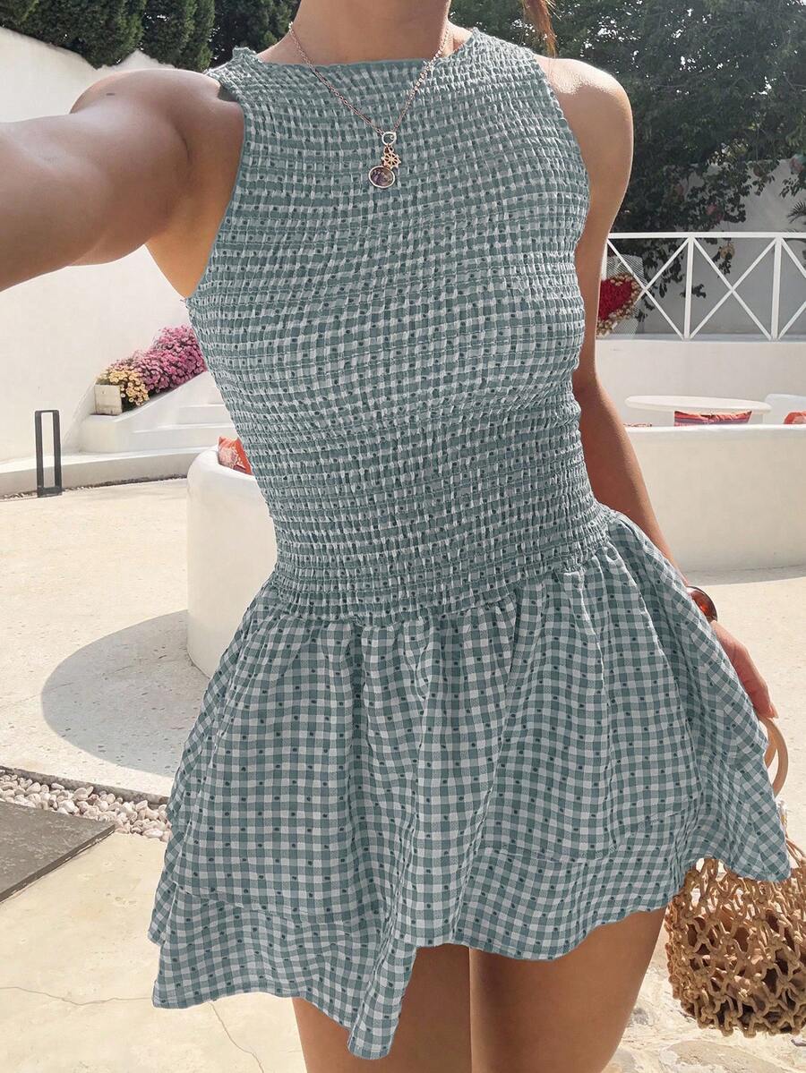 Sunnyshic 蓝色格子无袖修身迷你连衣裙，甜美法式风格，适合度假和春夏穿着。 - 彩色 - 查看 1
