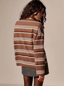 AiiRZ Striped Long Sleeve Henley Top With Button Front Ribbed Knit Oversized Fall Winter Casual Layering Shirt - Multicolor - View 2