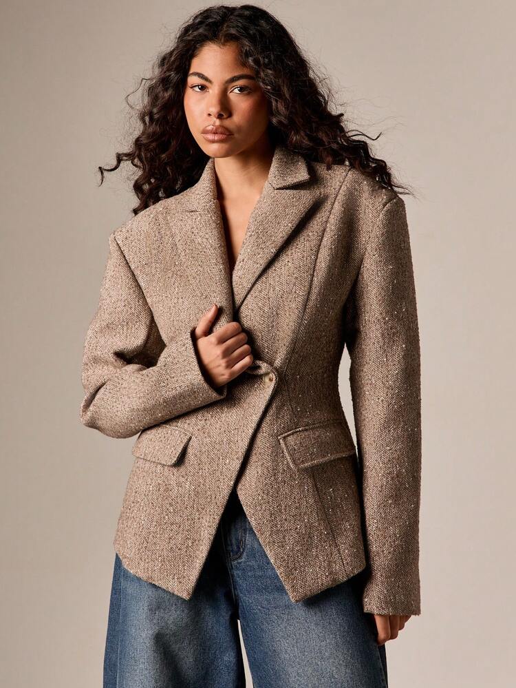 AiiRZ Women Fitted Tweed Blazer Jacket With Structured Shoulder Pads Long Sleeve Tailored Herringbone Coat Fall Winter Professional Workwear