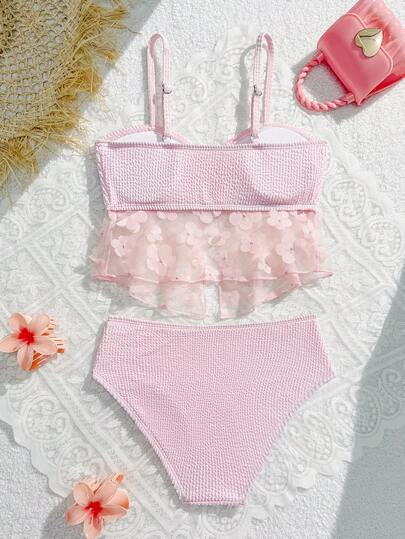 SHEIN Bikini hai mảnh họa tiết hoa lưới trơn màu dành cho bé gái tuổi teen, đồ bơi đi biển/nghỉ dưỡng