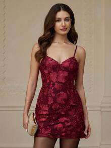 Aveloria Rosie Fashionable & Versatile 3D Floral Decor Fabric Sleeveless Slip Dress, European Style For Autumn/Winter - Burgundy - View 3