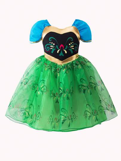 SHEIN Baby Girls Luxurious Elegant Vintage Delicate Princess Tulle Puff Sleeve Dress Suitable For Spring/Summer, Baby Birthday Party, Photo Shooting, Amusement Park, Festival Celebration