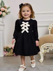 Glamorique Kids Baby Girl Elegant Solid Color Contrast Bow Decor Long Sleeve Party Dress, Autumn/Winter - Black - View 1