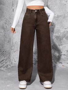 SHEIN PETITE 女式高腰口袋阔腿宽松休闲百搭牛仔裤