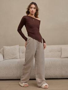 HautHeat Women's Solid Color Asymmetrical Shoulder Long Sleeve Top And Striped Pants Pajama Set, Winter Clothes - Coffee Brown - View 4