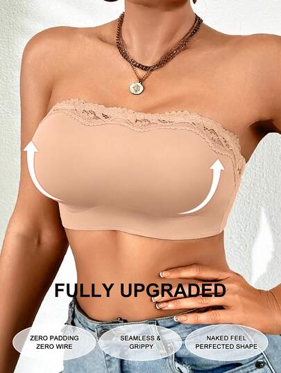 NudeFit Women's Seamless Solid Color Bandeau Bra, Wireless, Lace Trim, No Padding