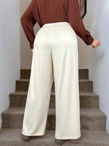 SHEIN LUNE Plus Size Satin Twill Wide Leg Pants, Casual And Suitable For Commuting Cream Pants Silk Pants Summer Pants Casual Comfortable And Versatile - Apricot - View 8