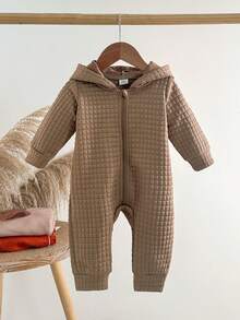 SHEIN 男婴格子连帽连体衣，秋冬季拉链设计加厚保暖外套，新品上市 - 棕色 - 查看 3