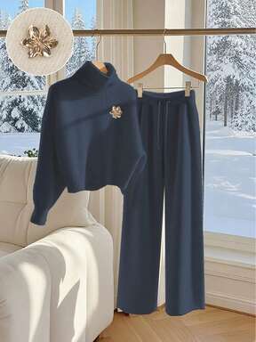 SHEIN Franclia Elegant Metal Decor Turtleneck Lantern Sleeve Loose Knit Sweater & Wide Leg Pants 2 Pieces Set, European Style