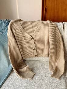 SHEIN EZwear 灯笼袖前扣罗纹针织开衫，长袖上衣 - 卡其色 - 查看 5