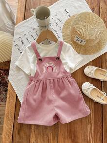 SHEIN Newborn Baby Girl Cute Versatile Casual Pink Rainbow Embroidered Jumpsuit - Pink - View 7