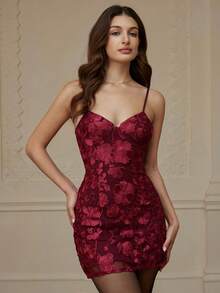 Aveloria Rosie Fashionable & Versatile 3D Floral Decor Fabric Sleeveless Slip Dress, European Style For Autumn/Winter - Burgundy - View 5