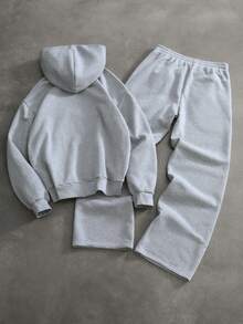 PAVTROS Bộ áo hoodie có khóa kéo dành cho nam, thêu chữ tối giản, áo nỉ trơn màu - Màu Xám nhạt - Xem 2