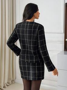 EURMUSE 女士黑色粗花呢两件套——别致格纹设计，金色纽扣细节，时尚外套和迷你裙套装，适合办公室穿着，优雅套装 - 黑色 - 查看 4