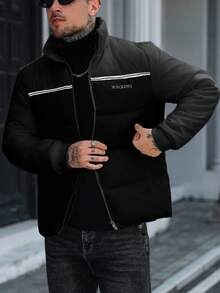 Manfinity CasualCool 男士休闲保暖拉链立领羽绒服，秋冬黑色男士夹克，男士羽绒服，男士冬季服装，男士街头风拉链夹克，适合日常休闲、周末旅行、户外活动、探险旅行、轻松的工作环境或半正式场合，可作为男友/丈夫礼物、周年纪念/生日礼物、派对礼物、圣诞节礼物、新年礼物。 - 黑色 - 查看 6