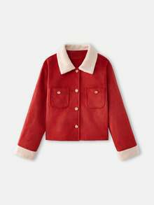 lacRébo Faux Suedette Jacket With Contrast Sherpa Collar And Cuffs Spring Women Spring Red Jacket Premium Jacket New Year Red Button Up - Burgundy - View 6