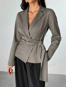 SHEIN Tall Women's Metal Decoration Brown Gray Imitation Linen Waist Suit Jacket/Fall Women Clothes/Fall Outfits Women /Fall Outfits/Back To School/Homecoming/Business Casual Woman /Old Money Style Women/Office Outfits For Women/Going Out Outfits,Fall Clothes For Women - Mocha Brown - View 4