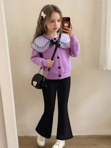 Elladie kids Autumn/Winter Young Girls Pink Lace Collar Bow Black Button Long Sleeve Top + Black Flare Pants Set, Sweet & Cute, Retro Fashion, Casual & Comfortable, Suitable For Daily Wear, Travel, School And More - Purple - View 1