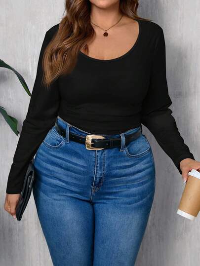 EMERY ROSE Plus Size Women Black Solid Color Crew Neck Long Sleeve T-Shirt, Casual Minimalist Style, Spring/Autumn, Concert, Teacher Back To School Night, Going Out Long Sleeve Black Top Fall Tops Women Black Scoop Neck Top Cute Black Top,Summer