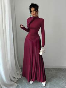 Elenzga Asymmetrical Pleated Colorblock 3D Flower Decor Elegant Women Dress Maxi Women Outfit - Burgundy - View 4